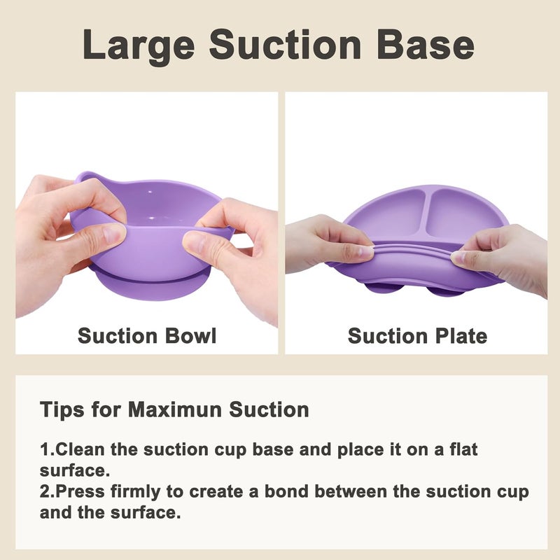 Munlinder Silicone Baby Feeding Set | Baby Led Weaning Supplies Includes Suction Bowls and Divided Plates, Adjustable Bib, Baby Utensils Spoons and Forks,Cup | Baby Feeding Essentials (Purple) - Image 5